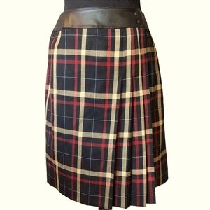 Anne Klein Worsted Wool Pleated Plaid Wrap Skirt with Leather Waistband SZ 6